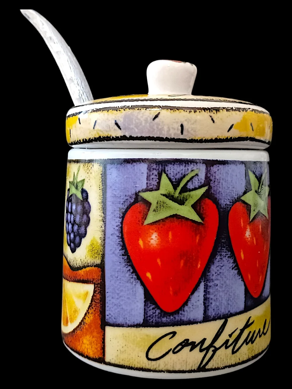 Vintage MSC Joie De‎ Vivre Ceramic Jam Jelly Jar Lid Spoon Fruit Confiture Pot